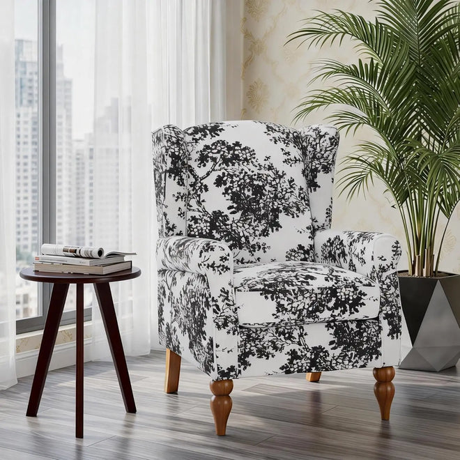 Upholstered wingback floral accent chair with wooden legs and matching small table, stylish small furniture by The Finishing Touch Decor