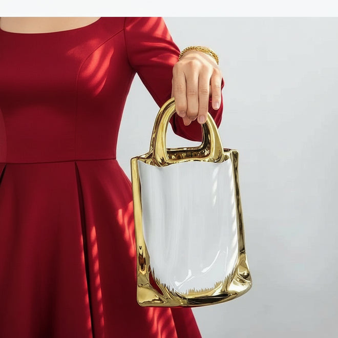 Gold Border Ceramic Handbag Shape Vase