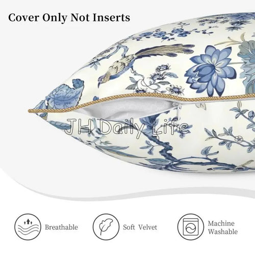 Soft white and blue sparrow throw pillow cover by The Finishing Touch Decor, featuring bird and floral design for cozy home decor.
