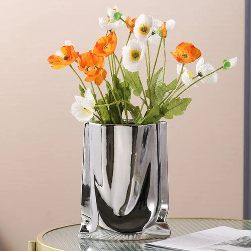 Silver Ruffled Ceramic Porcelain Flower Vase - The Finishing Touch Decor