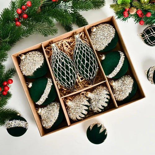 Set of 10 velvet holiday ornaments in red, green, and blue with sparkle accents, perfect for festive holiday decor.