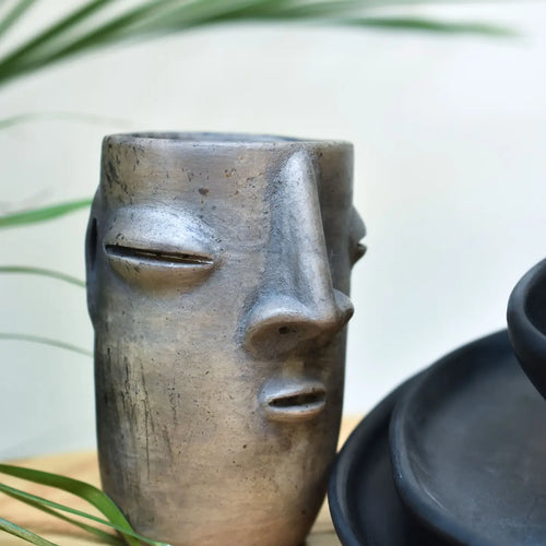 Oaxacan Tribal Face Glass Cup or Planter Vase
