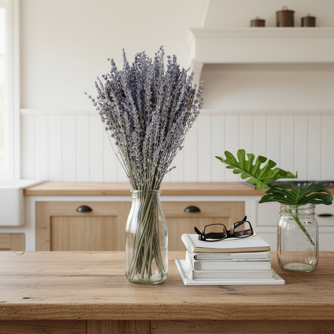 Decorative setup with lavender in a glass vase, books, sunglasses, and a plant on a white surface.