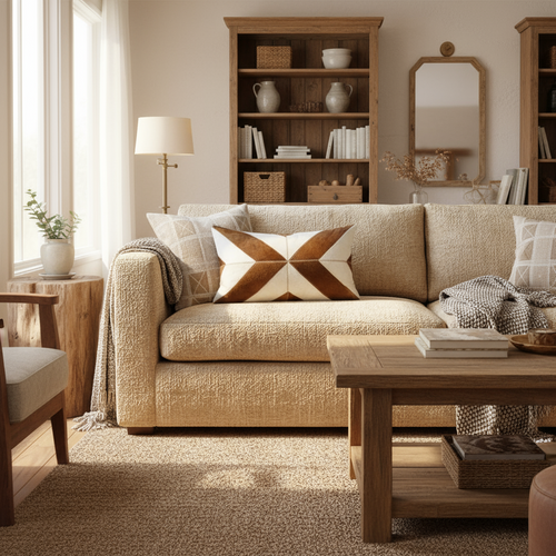 Beige and black leather patchwork throw pillow cover from The Finishing Touch Decor, stylish and textured for cozy decor.