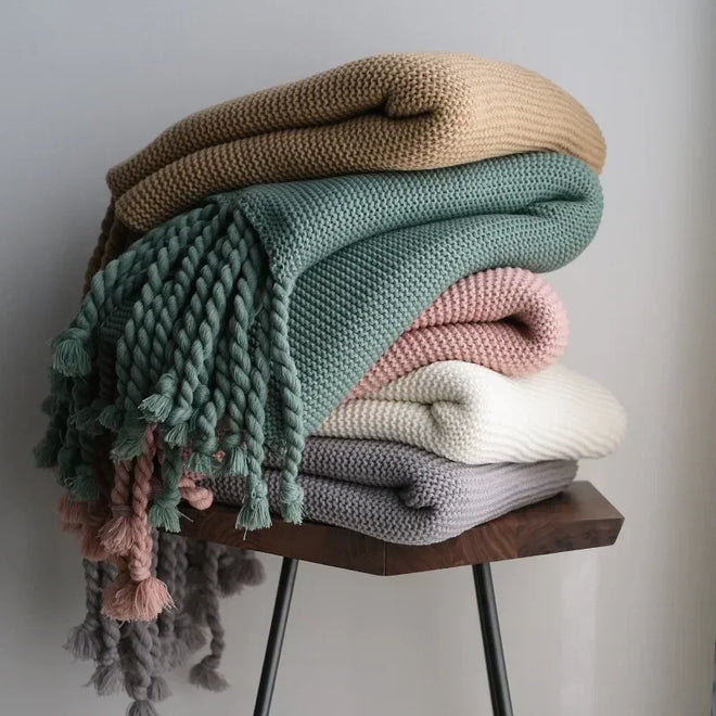 Nordic Knit Thick Tassel Throw Blanket