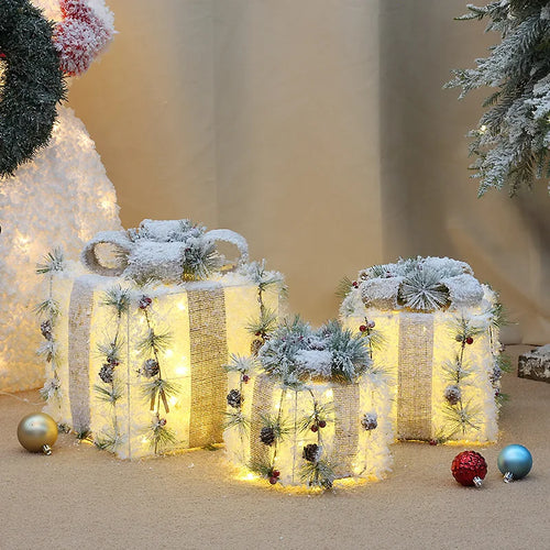 Flocked & Lit Set of 3 Christmas Present Decorative Boxes