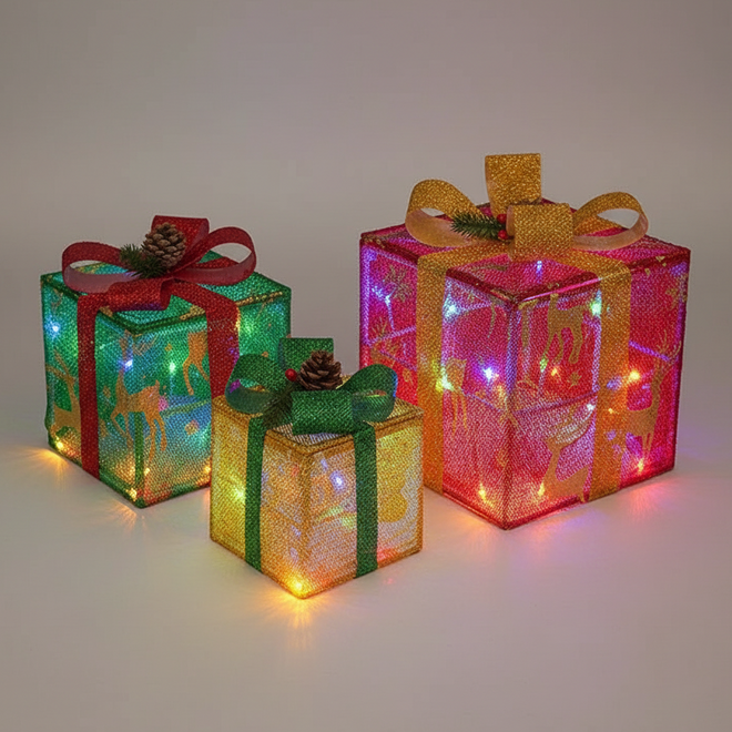 Flocked & Lit Set of 3 Christmas Present Decorative Boxes