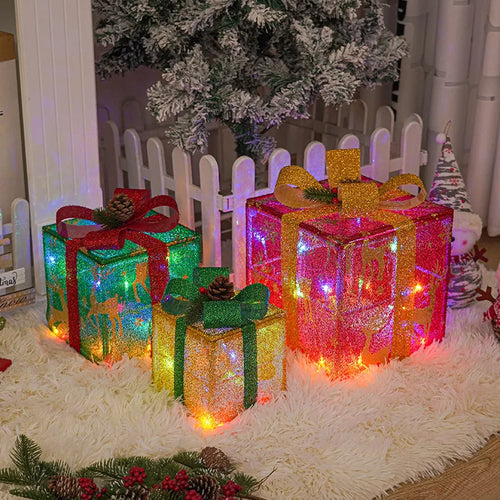 Flocked & Lit Set of 3 Christmas Present Decorative Boxes