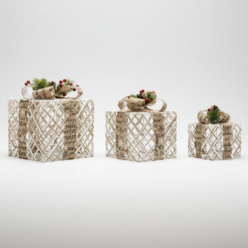 Flocked & Lit Set of 3 Christmas Present Decorative Boxes