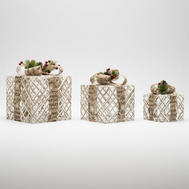 Flocked & Lit Set of 3 Christmas Present Decorative Boxes