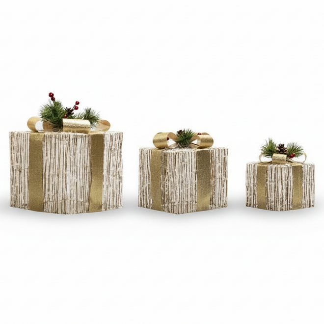Flocked & Lit Set of 3 Christmas Present Decorative Boxes