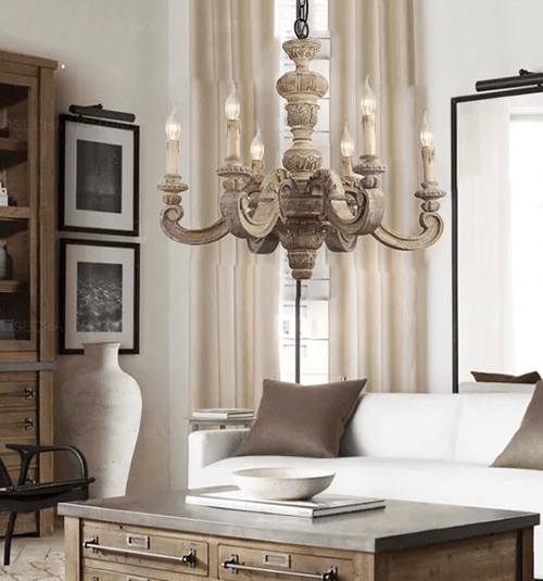 Roman Pillar Light Carved Wooden & Iron Italian Murano Vintage-Style Hanging Chandelier - The Finishing Touch Decor