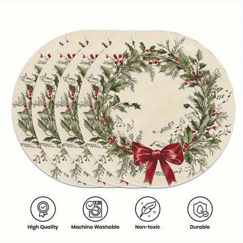 Christmas Holly Wreath Holiday Placemats - Set of 4