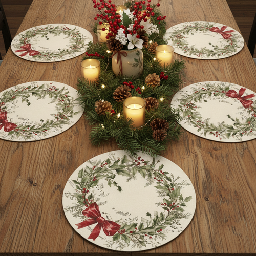 Christmas Holly Wreath Holiday Placemats - Set of 4