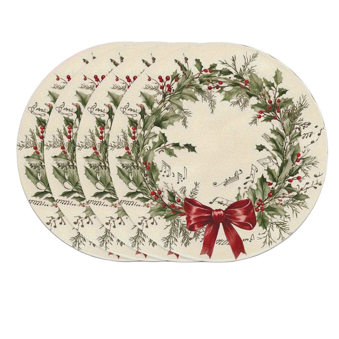Christmas Holly Wreath Holiday Placemats - Set of 4