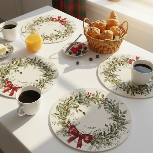 Christmas Holly Wreath Holiday Placemats - Set of 4