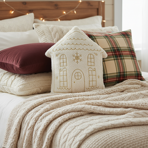 Gingerbread House Gold Embroidered Full Pillow