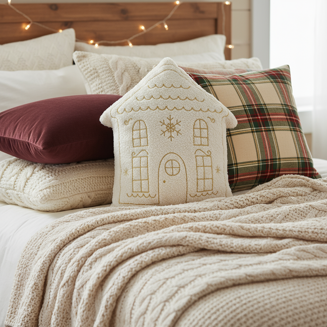 Gingerbread House Gold Embroidered Full Pillow