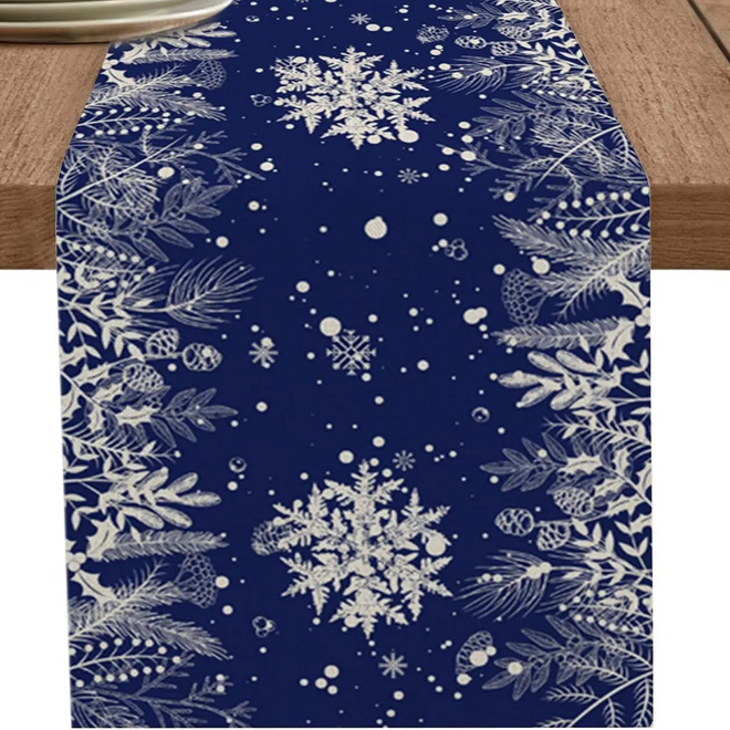 Linen Blue Snowflake & Pinecones Holiday Table Runners