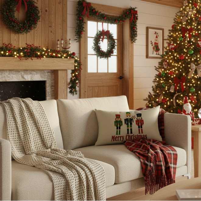 Merry Christmas Nutcracker Oblong Throw Pillow Cover