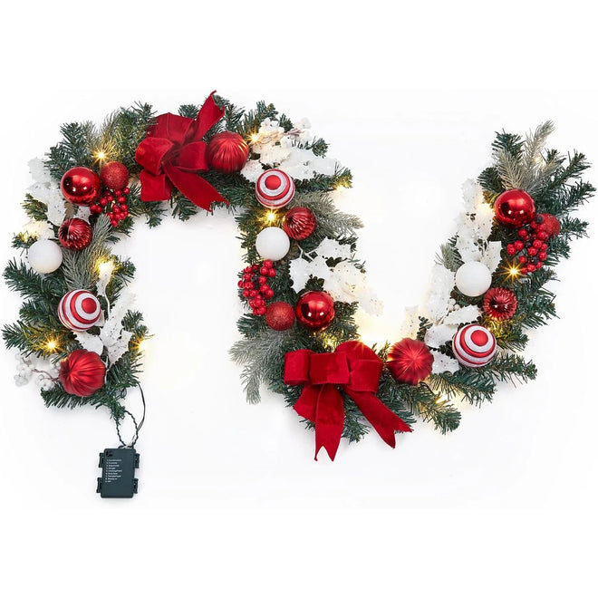 Pre-Lit 6 ft Christmas Garland with Bows & Ornaments