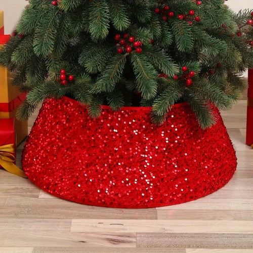 Red Glitter & Sequin Round Holiday Tree Skirt