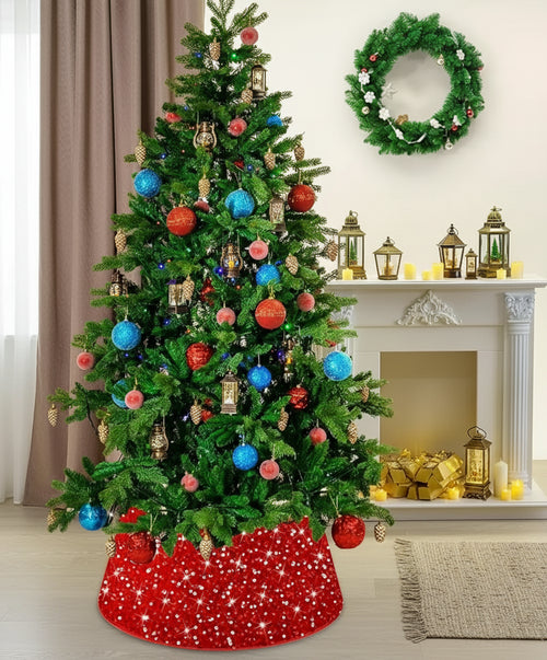 Decorated Christmas tree with colorful ornaments in a room with a fireplace and wreath.