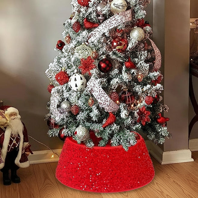 Red Glitter & Sequin Round Holiday Tree Skirt