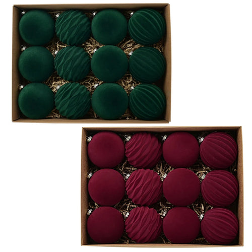 Red & Green Velvet Ball Christmas Tree Ornaments - 12 pcs