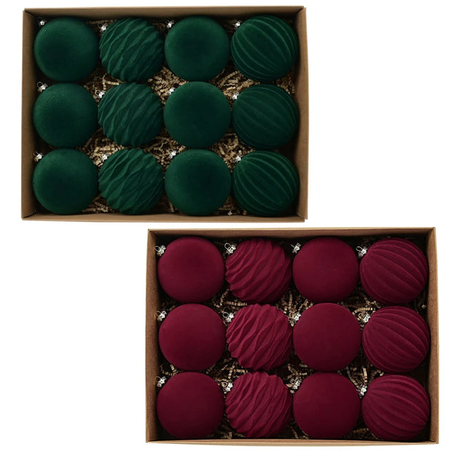 Red & Green Velvet Ball Christmas Tree Ornaments - 12 pcs