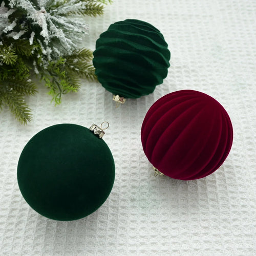 Red & Green Velvet Ball Christmas Tree Ornaments - 12 pcs