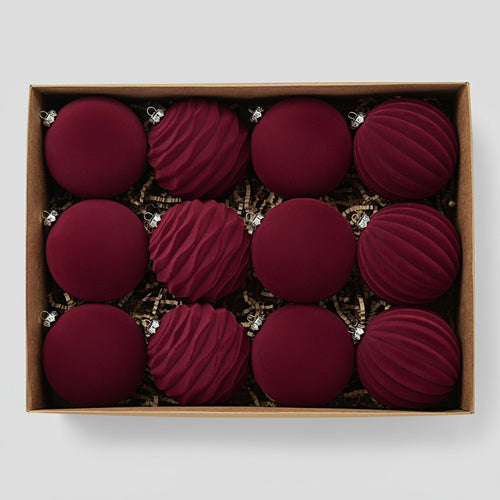 Red & Green Velvet Ball Christmas Tree Ornaments - 12 pcs