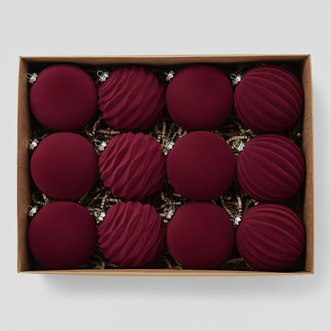 Red & Green Velvet Ball Christmas Tree Ornaments - 12 pcs
