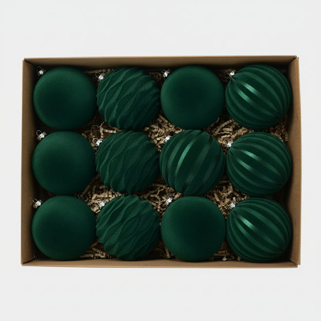 Red & Green Velvet Ball Christmas Tree Ornaments - 12 pcs