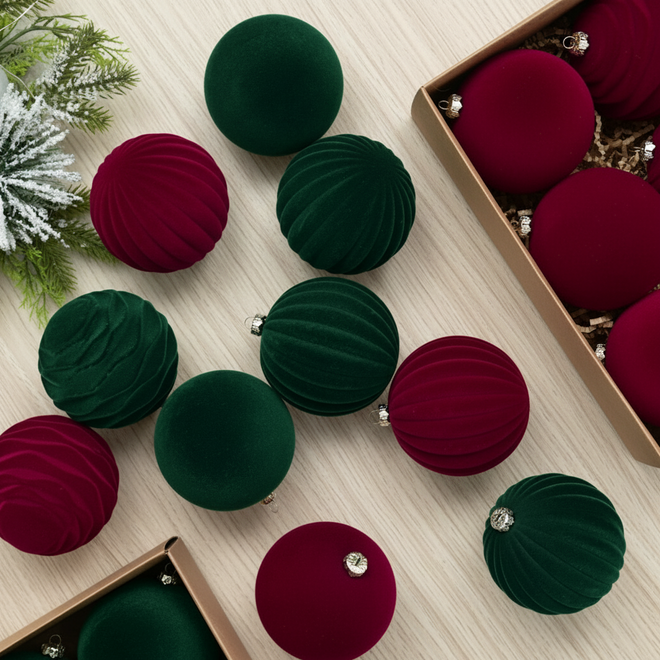 Red & Green Velvet Ball Christmas Tree Ornaments - 12 pcs