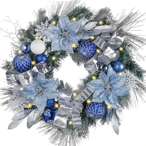 Round Blue Ornament Illuminated 24" Holiday Wreath