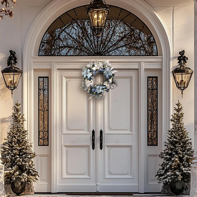 Round Blue Ornament Illuminated 24" Holiday Wreath