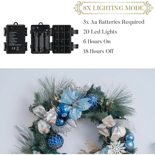 Round Blue Ornament Illuminated 24" Holiday Wreath