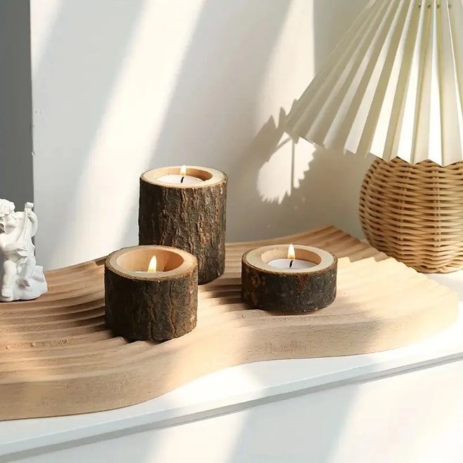 Rustic Wood Log Tealight Candle Holders Set