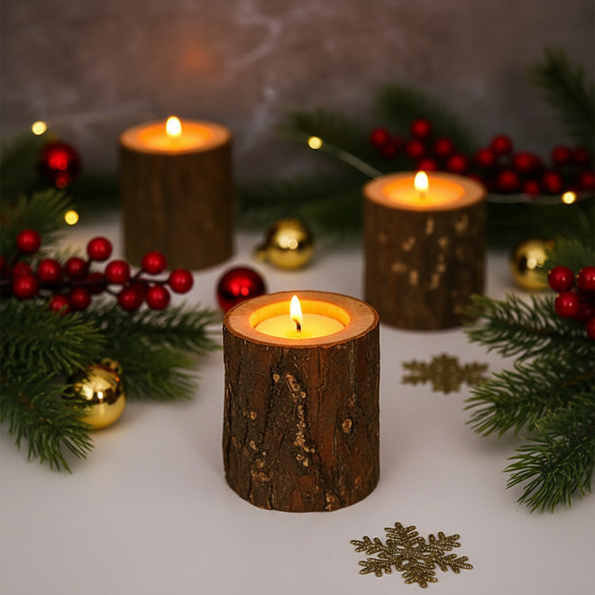 Rustic Wood Log Tealight Candle Holders Set