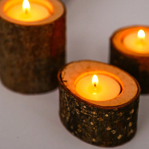 Rustic Wood Log Tealight Candle Holders Set