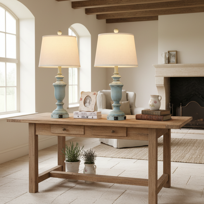 Vintage Style Blue Finished French Country Lamp Set of 2