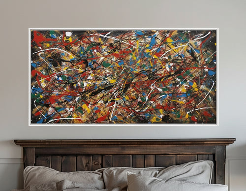 Colorful modern abstract Jackson Pollock style canvas painting with free line design, large size poster for home or office decor.