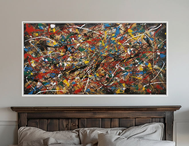 Colorful modern abstract Jackson Pollock style canvas painting with free line design, large size poster for home or office decor.
