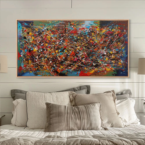 Colorful modern abstract Jackson Pollock style canvas painting with free line design, large size poster for home or office decor.