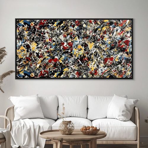 Colorful modern abstract Jackson Pollock style canvas painting with free lines, large size poster for office or home decor.
