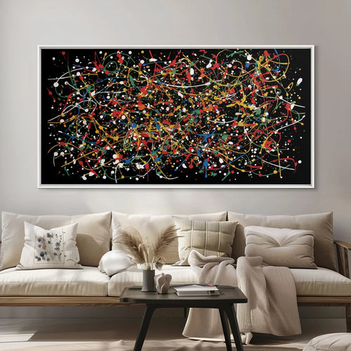 Colorful modern abstract Jackson Pollock style canvas painting with free line design, ideal for office or home decor.