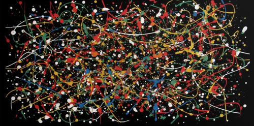 Colorful modern abstract Jackson Pollock style canvas painting, large size poster print for office, bedroom, or home decor.