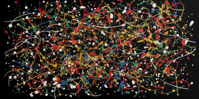 Colorful modern abstract Jackson Pollock style canvas painting, large size poster print for office, bedroom, or home decor.