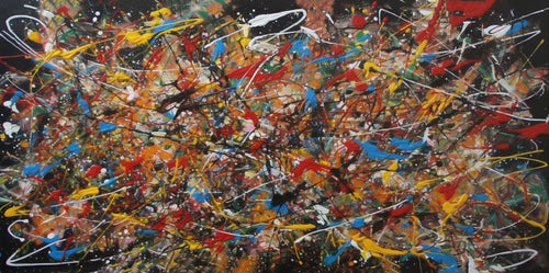 Colorful modern abstract Jackson Pollock style canvas painting with free lines, large size poster for home or office decor.